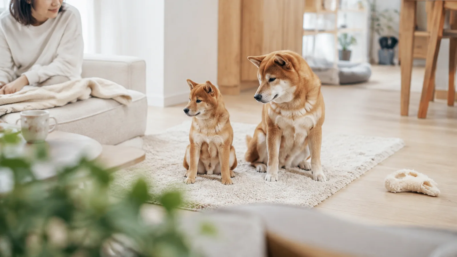 ラグに並んで座る赤い柴犬2頭。左は体の小さな若い犬、右は体つきの仕上がった成犬