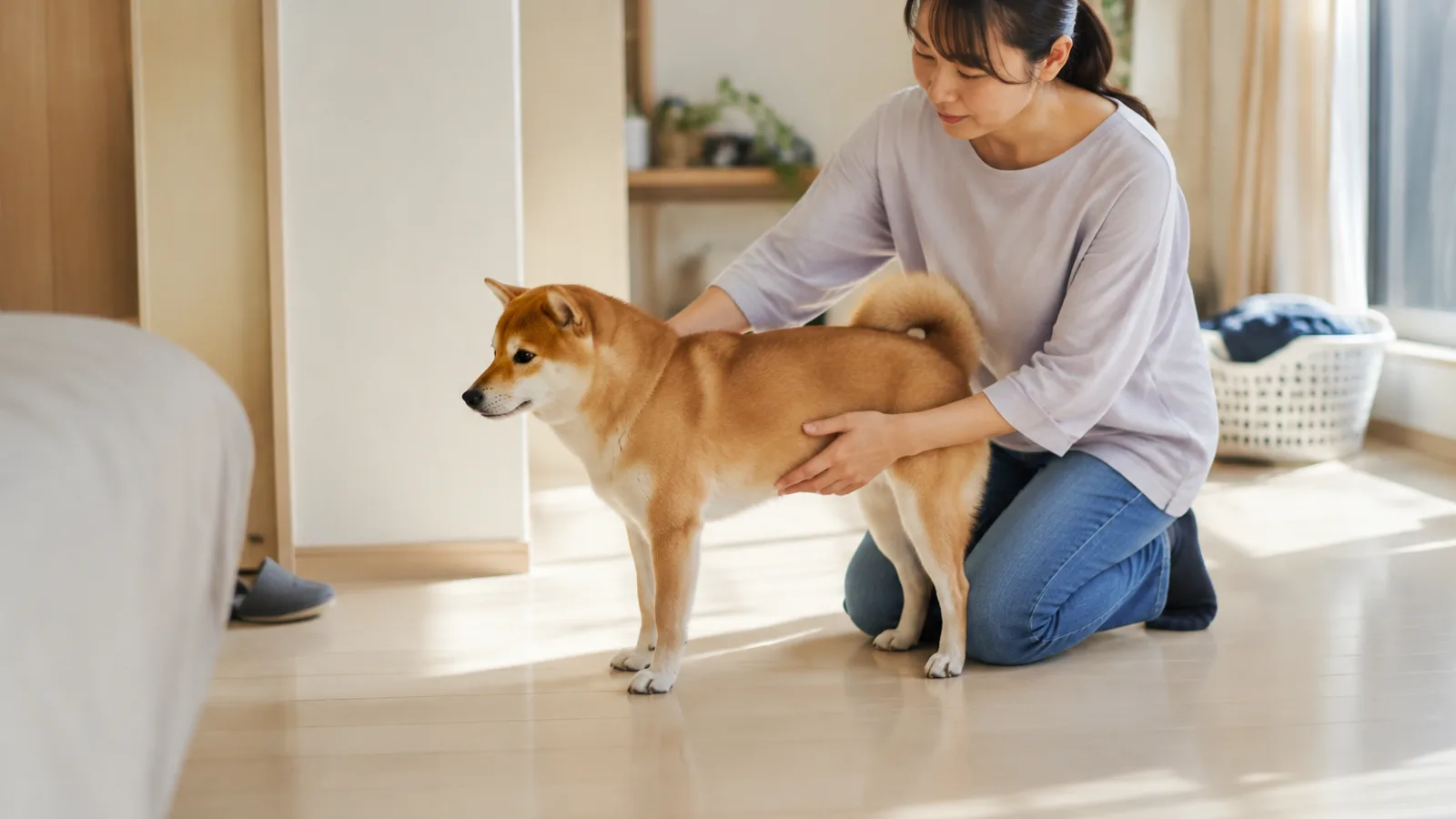 立っている赤い柴犬のあばらから腰に両手を沿わせて体つきを確かめる女性