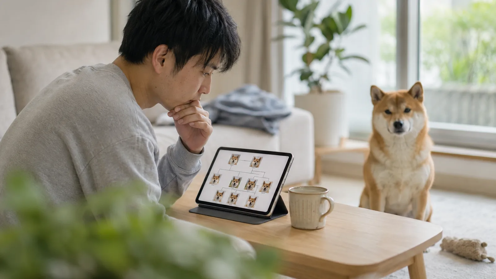 タブレットの画面で犬の顔写真を線でつないだ家系の図を見る男性と、横に座る赤い柴犬