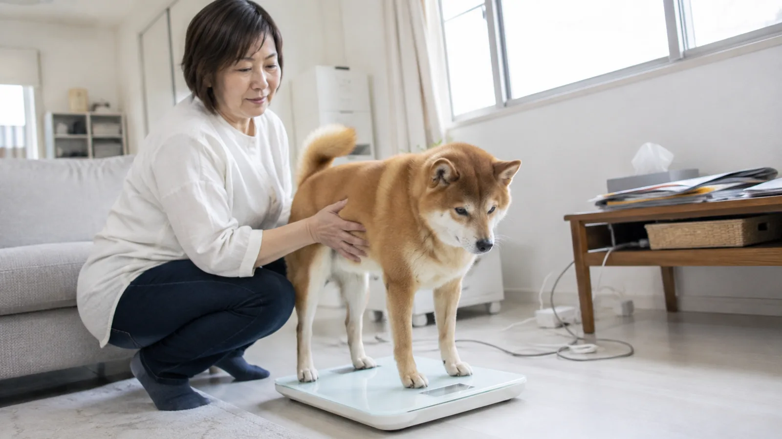 床の平らな体重計に4本足で立つ赤い柴犬と、しゃがんで体を支える女性
