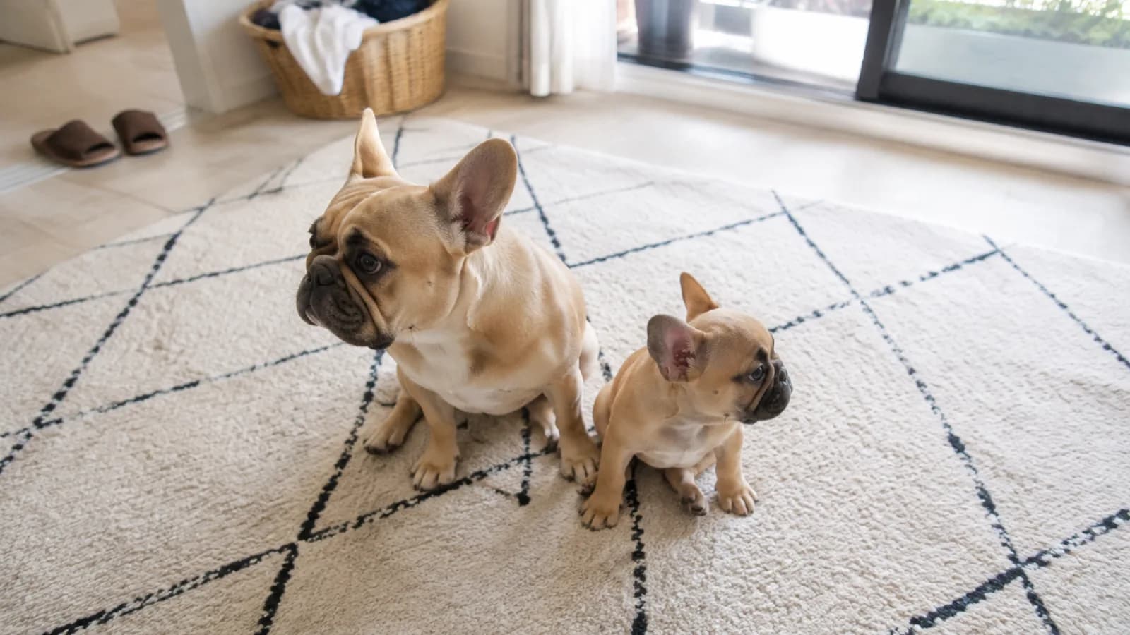 ラグに並んで座る、フォーンのフレンチブルドッグの成犬と生後4ヶ月ほどの子犬