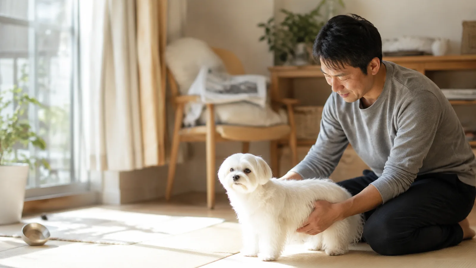 床に座り、落ち着いて立つ純白のマルチーズの体側に両手を沿わせて体つきを確かめる男性