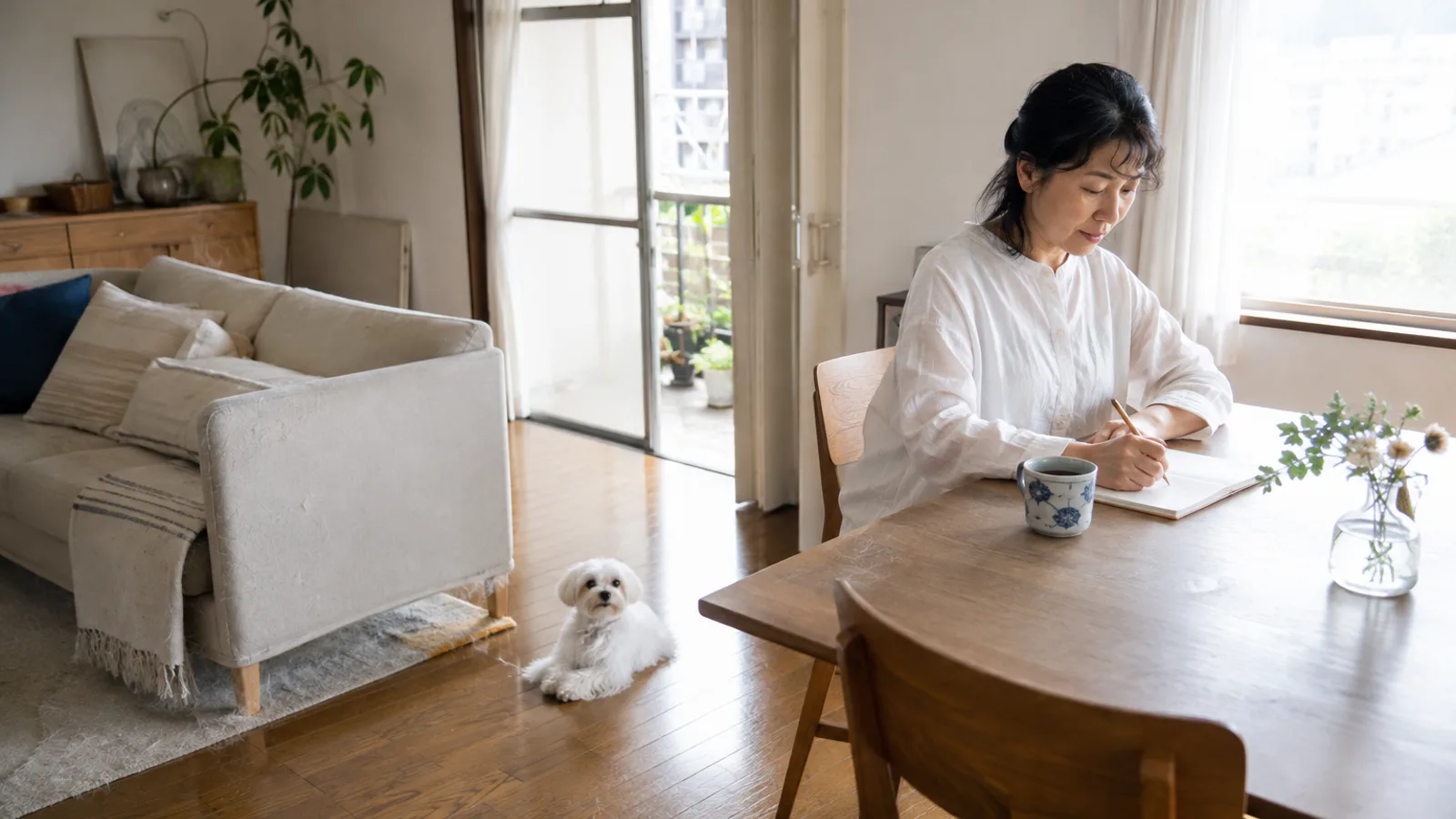 テーブルでノートに鉛筆で書き込む女性と、椅子のそばの床に伏せる白いマルチーズ