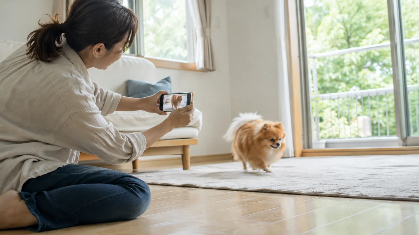 スマートフォンを横向きに構えて、床を歩くオレンジのポメラニアンを動画で撮る女性