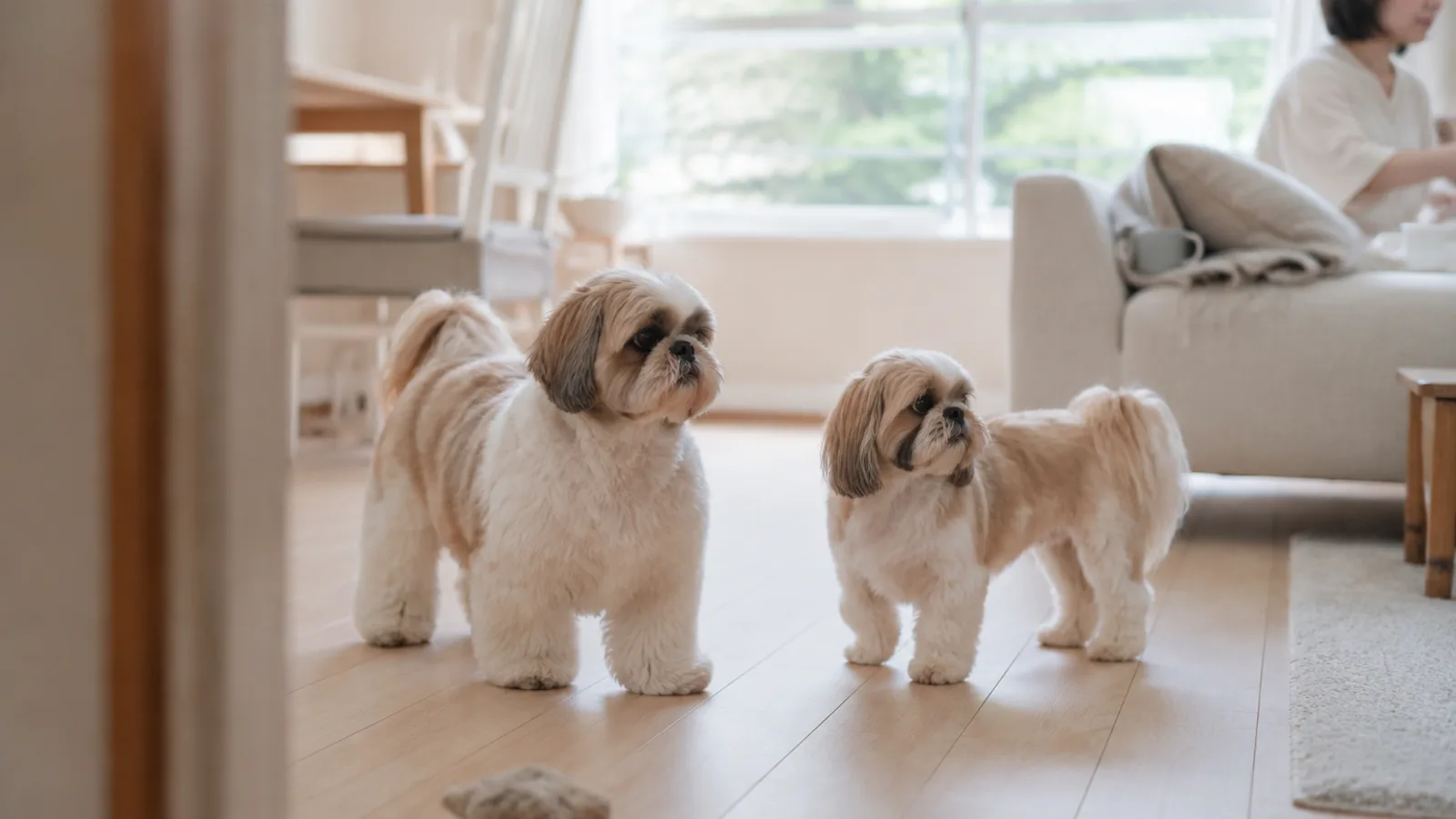 フローリングに立つシー・ズーの成犬2頭。左が大きくがっしり、右は小柄で華奢。奥のソファに人が座っている