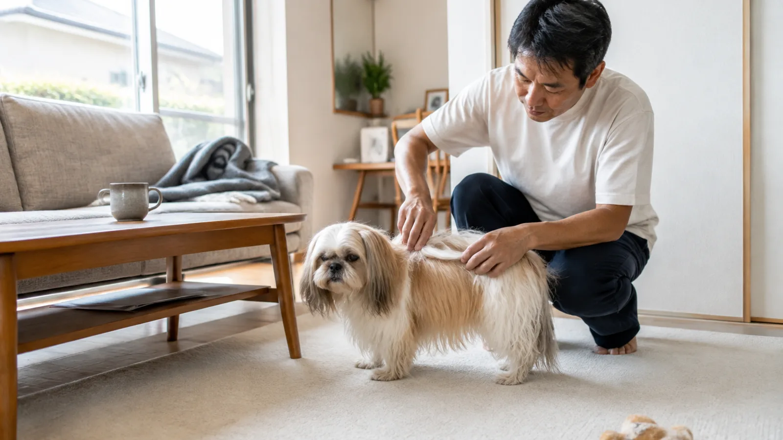 立っているシー・ズーの背中の毛を両手の指で分けて見ている、しゃがんだ男性