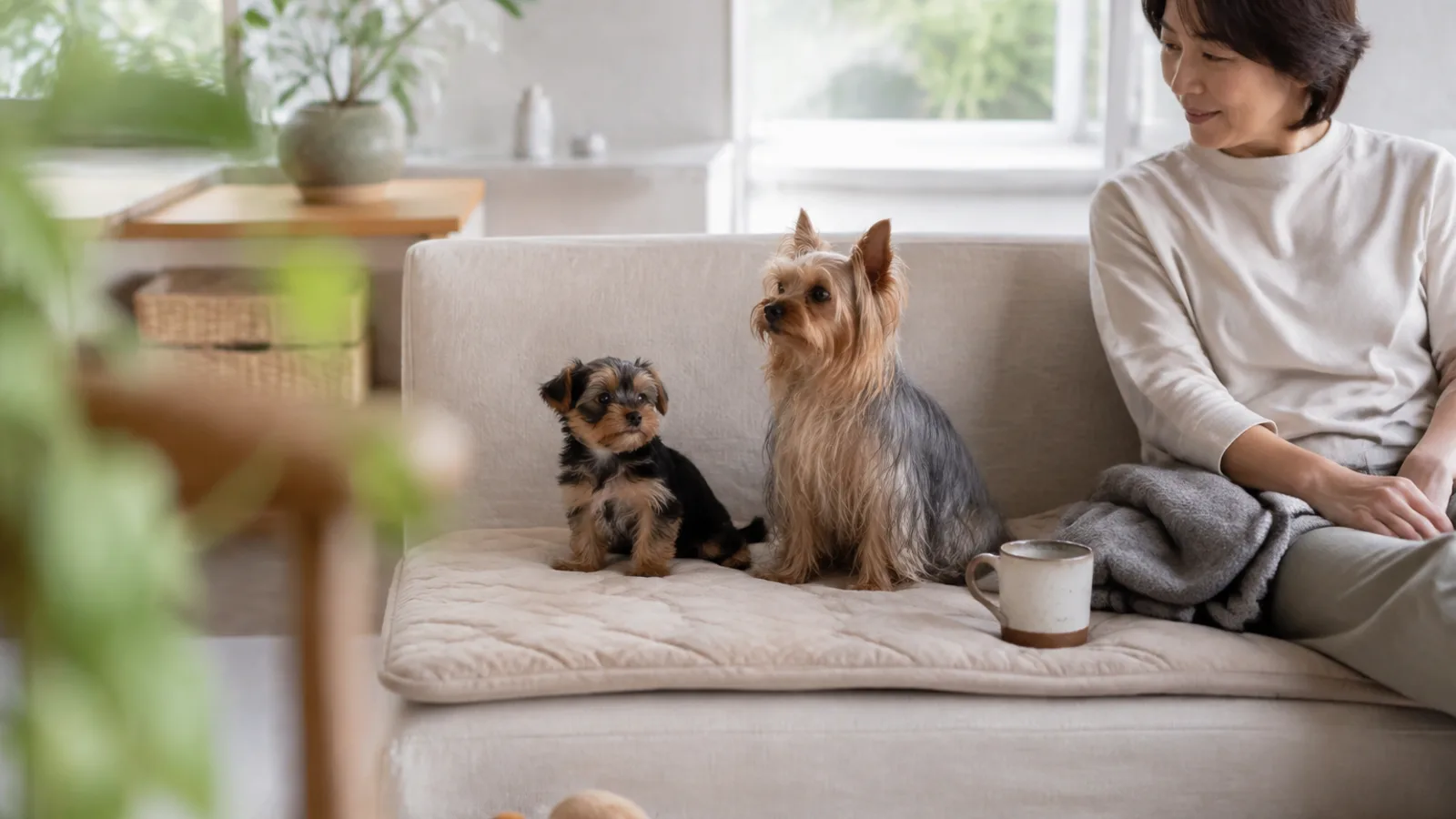 ソファに並んで座る、黒っぽい毛の短いヨークシャー・テリアの子犬と、長いスチールブルーとタンの毛の成犬。隣に座る女性