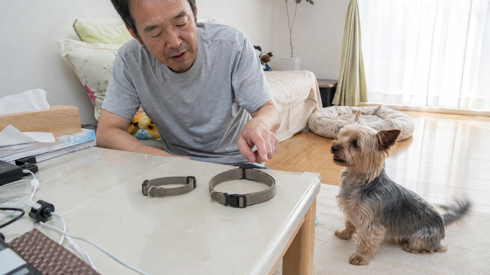 座卓に小さな無地の首輪と一回り大きな無地の首輪を並べて置く男性と、そばに座るヨークシャー・テリア