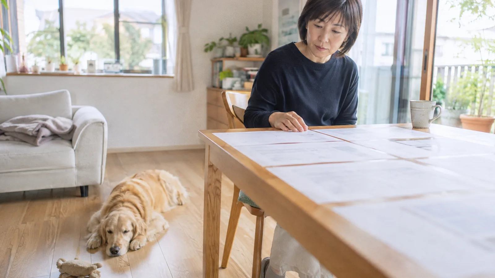 ダイニングのテーブルに並べた数枚の架空の書類を見比べる女性と、椅子の足元で伏せるゴールデン・レトリーバー