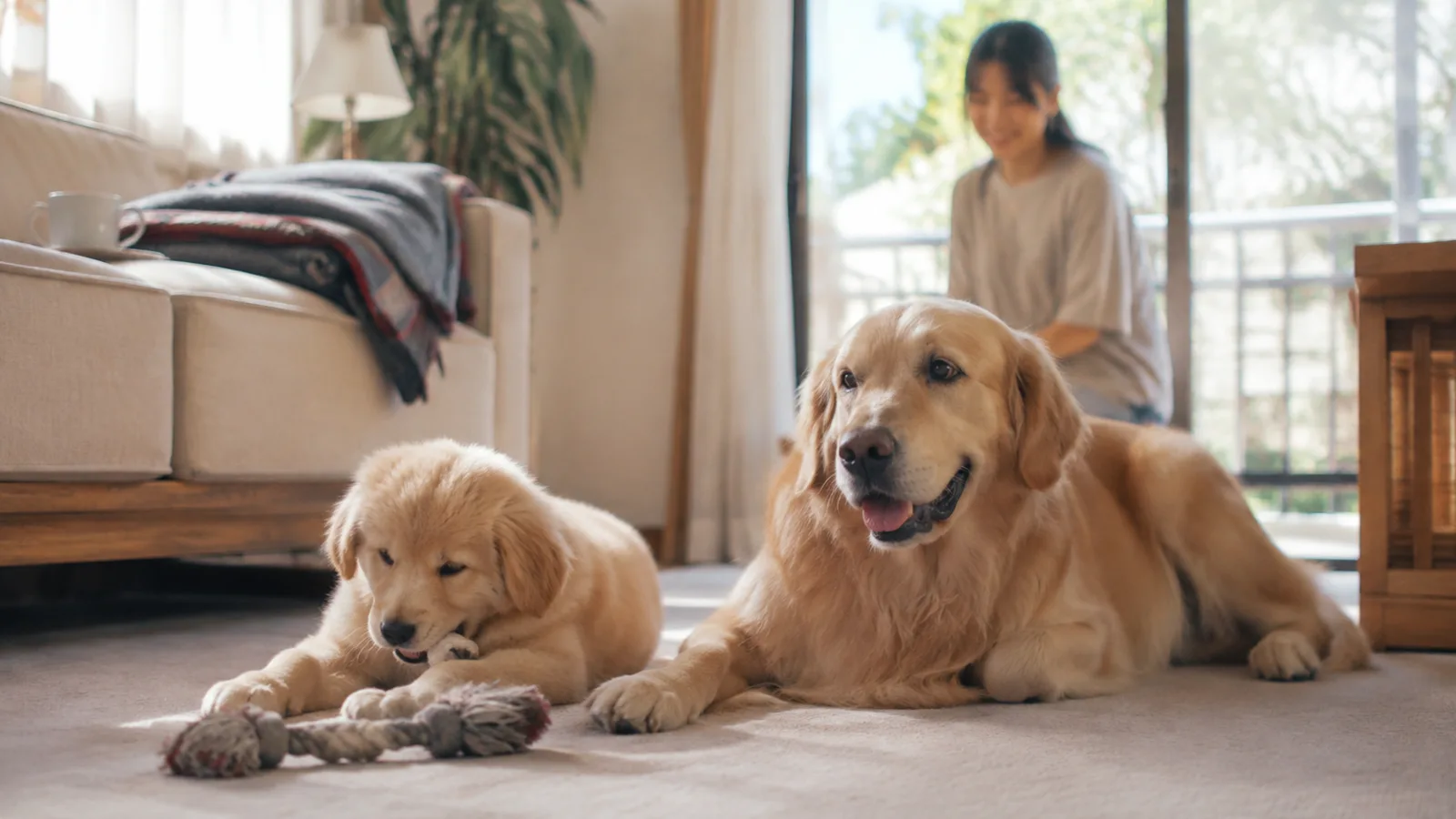 ラグの上に並んで伏せる、ふわふわしたゴールデンレトリーバーの子犬と成犬。奥の窓ぎわに女性が座る
