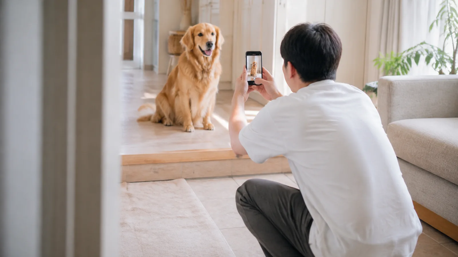 玄関の上がりかまちに座るゴールデンレトリーバーを、しゃがんでスマートフォンで撮る男性。画面にも同じ犬が写っている