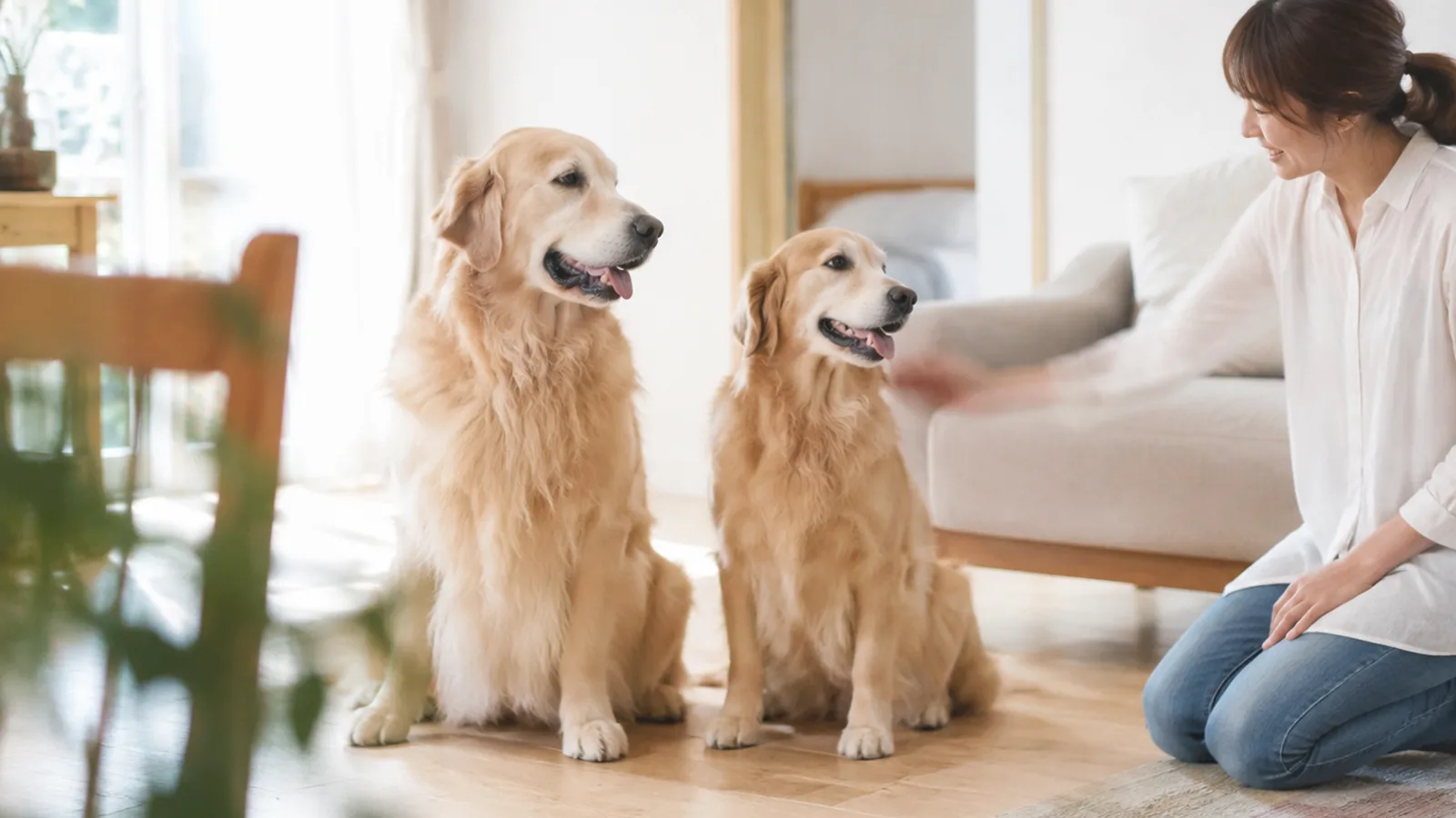 明るい部屋に並んで座る2頭のゴールデンレトリーバーの成犬。左が一回り大きい。右手前に膝をつく女性