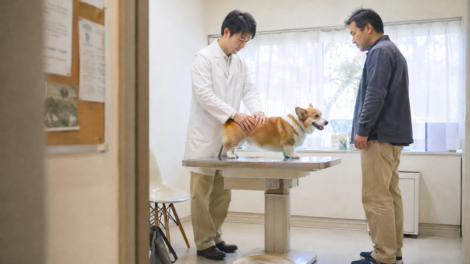 動物病院の診察台に立つ赤白のコーギーの背中から腰へ両手を滑らせて確かめる獣医師と、脇で見守る男性