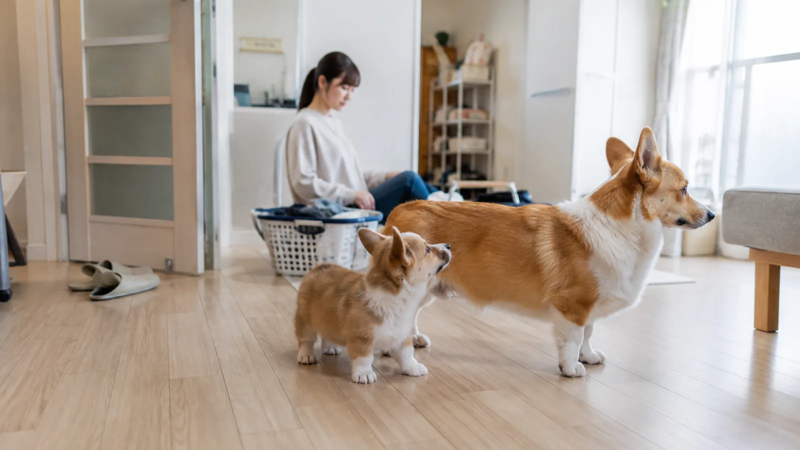 フローリングに立つコーギーの子犬と成犬。子犬が成犬を見上げ、大きさの差がはっきり分かる。奥で洗濯かごの前に座る女性
