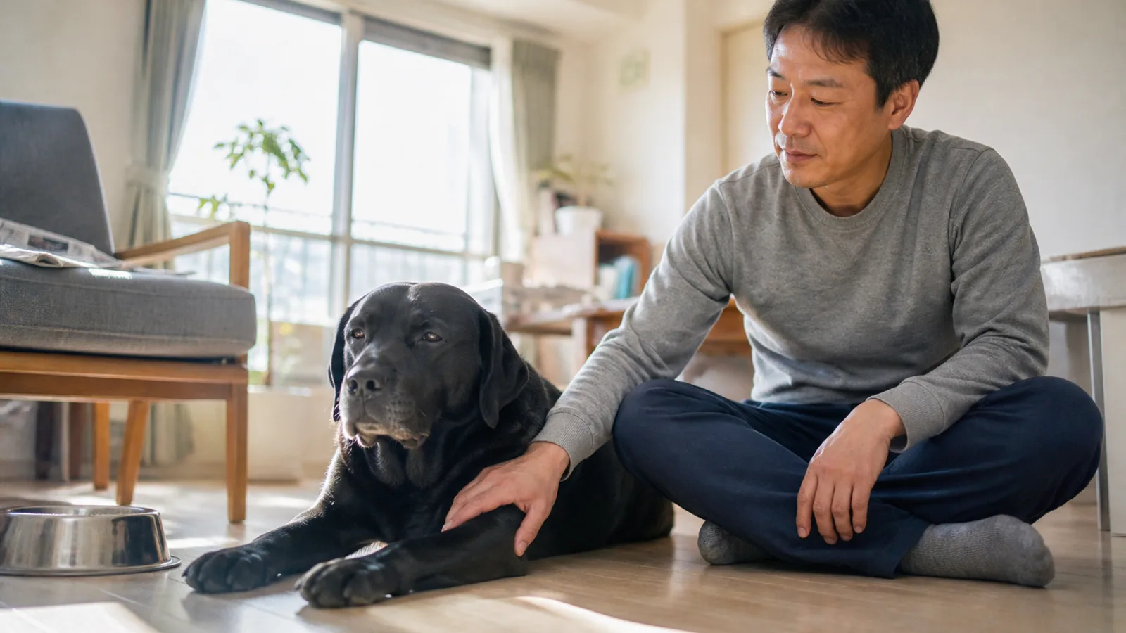 前肢をまっすぐ伸ばして伏せる黒いラブラドールの肘に、横に座った男性がそっと手を置いている