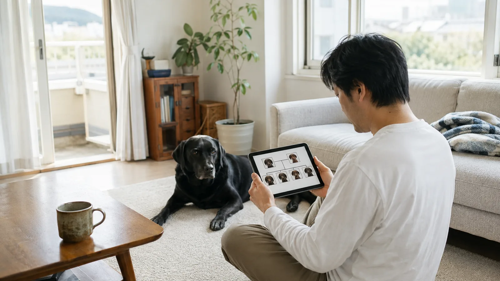 タブレットに並ぶ犬の顔写真を線でつないだ家系の図を見る男性と、隣で伏せる黒いラブラドール