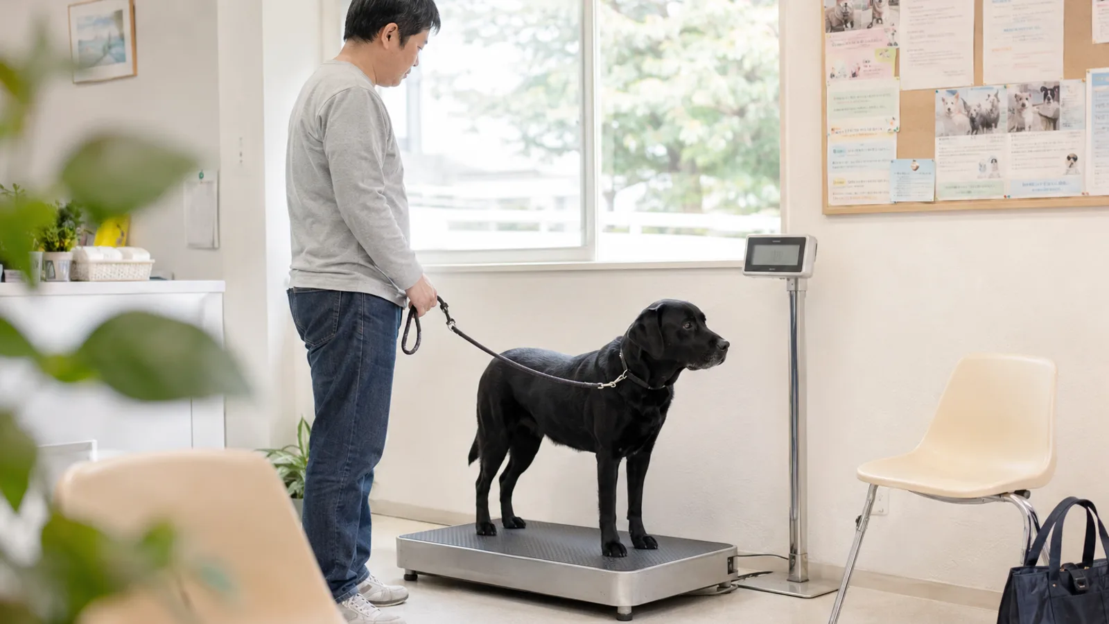動物病院の待合の大型の体重計に四本足で立つ黒いラブラドールと、リードを持って隣に立つ男性。表示に数字はない