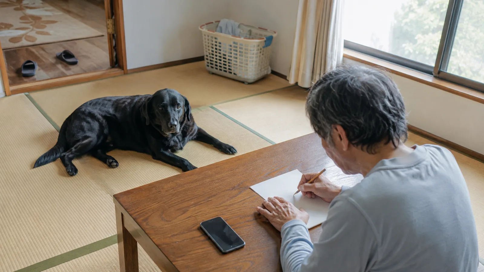 和室の座卓でスマートフォンを置き、無地の紙に鉛筆で書き取る男性と、畳に伏せる黒いラブラドール