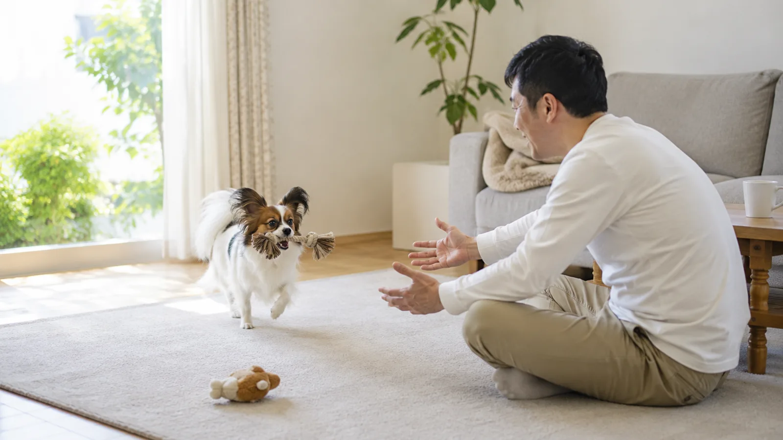 ロープのおもちゃをくわえて床に座る男性のほうへ駆け寄るパピヨン