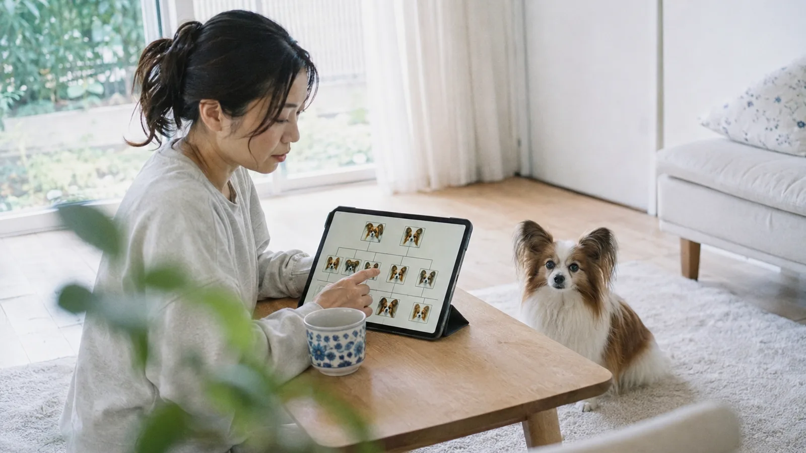 タブレットの画面で犬の顔写真を線でつないだ家系の図を見る女性と、横に座るパピヨン