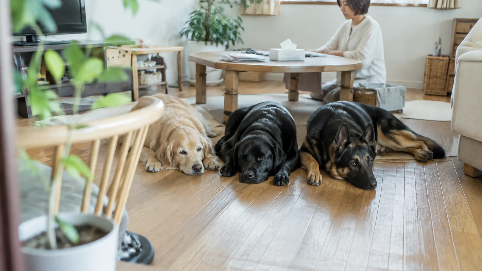 フローリングに並んで伏せる大型犬3頭。ゴールデンレトリーバー、黒いラブラドールレトリーバー、ジャーマンシェパード。奥で座卓に向かう女性