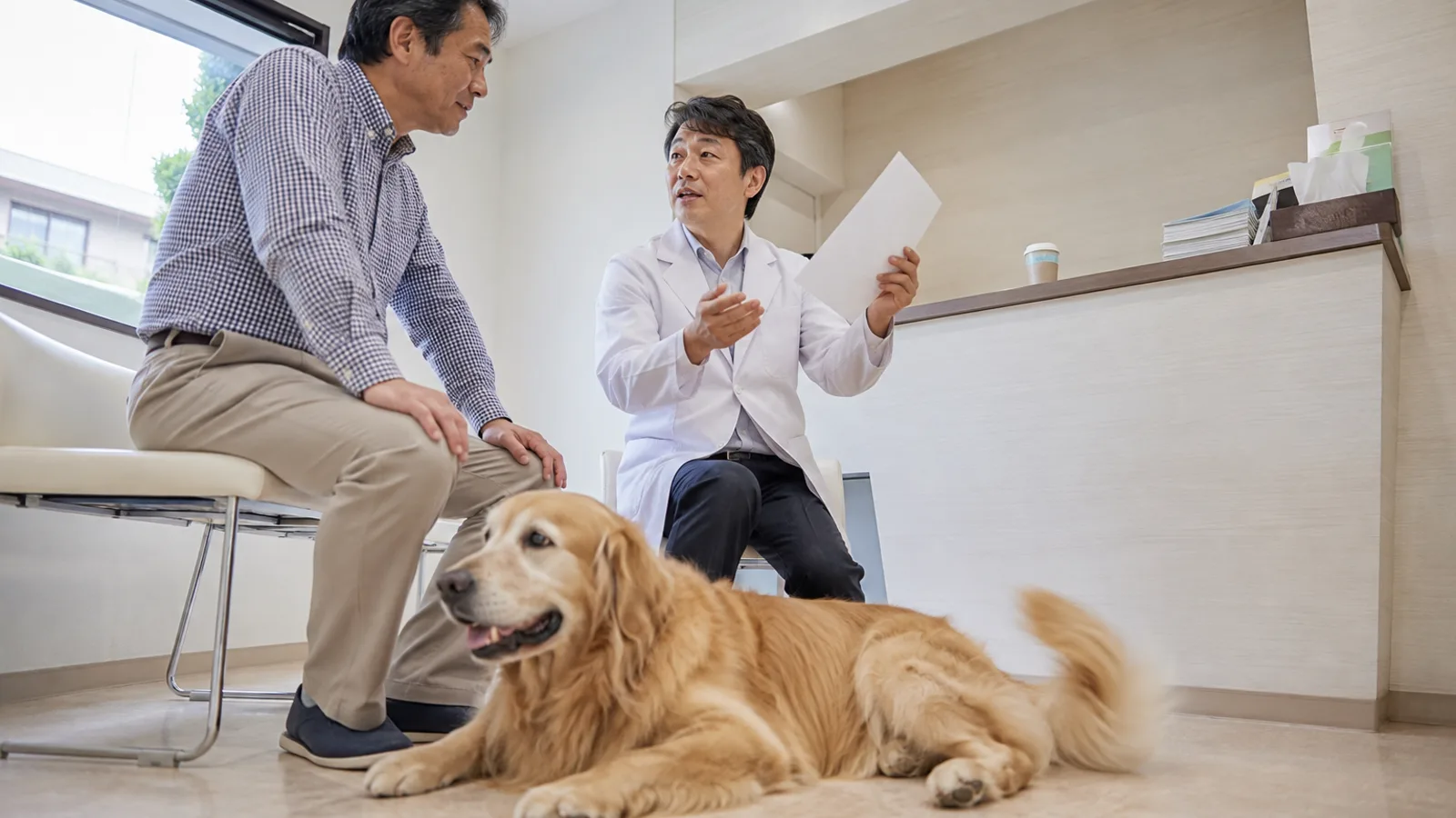 動物病院で無地の紙を手に飼い主へ説明する獣医師と、床に伏せるゴールデンレトリーバー