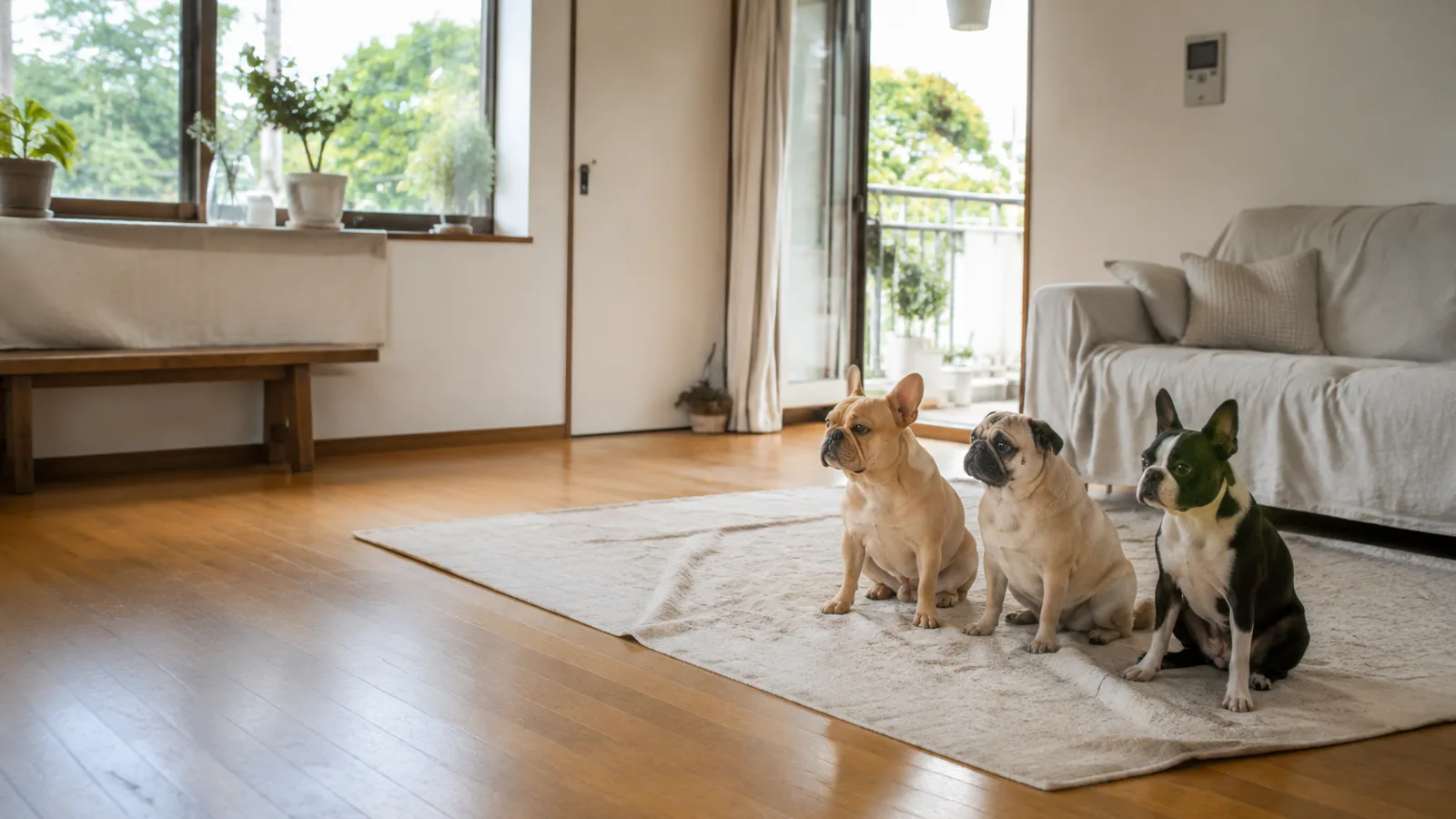 ラグの上に並んで座る3頭の短い鼻づらの犬。コウモリ耳のフレンチブルドッグ、黒いマスクのパグ、黒白のボストン・テリア