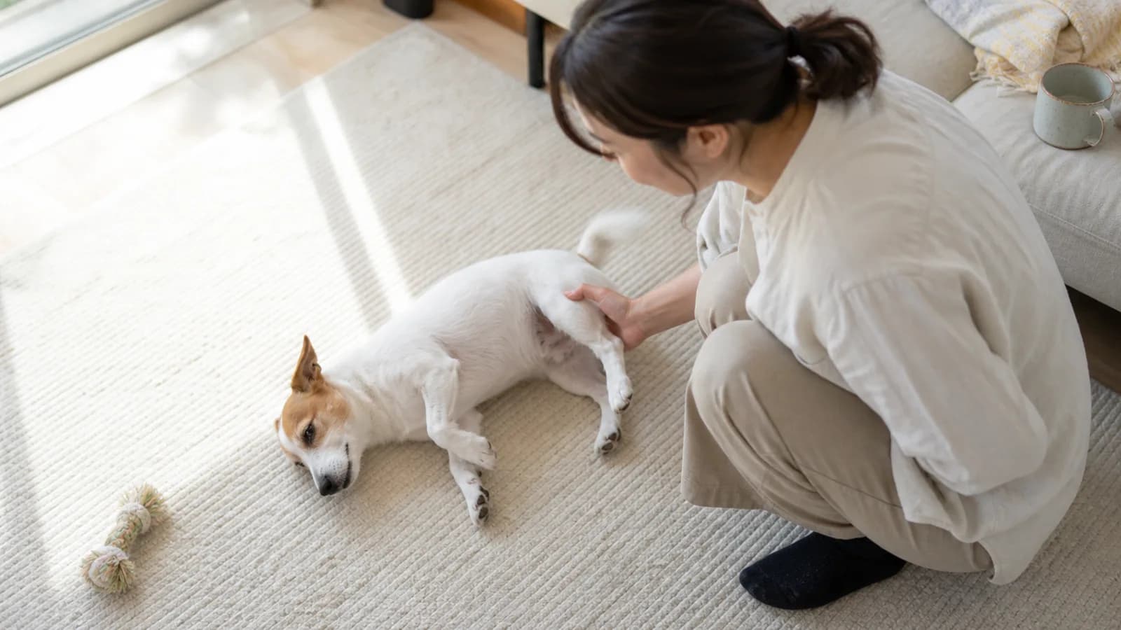 床で横になる白地に茶色のマーキングの小型犬の後ろ足を、しゃがんで片手でそっと支える女性