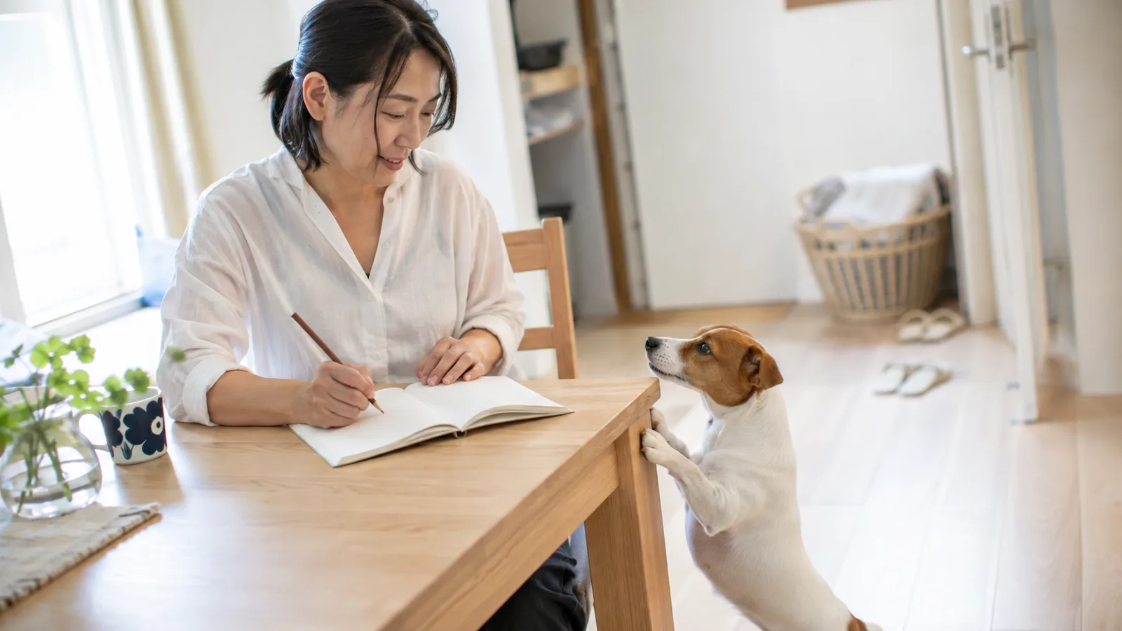 ダイニングテーブルで無地のノートに鉛筆で書き込む女性と、テーブルの端に前足をかけて見上げる白地に茶色のマーキングの小型犬