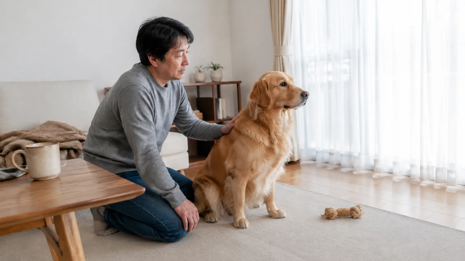 窓ぎわに座るゴールデン・レトリーバーの肩に手を置いて、そばにひざまずく男性