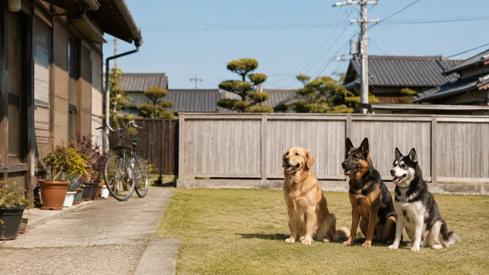 板塀で囲まれた庭の芝生に並んで座る3頭の犬。左からゴールデン・レトリーバー、立ち耳のジャーマン・シェパード・ドッグ、黒白のシベリアン・ハスキー