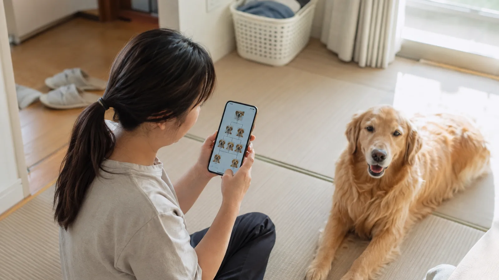 スマホの画面に並ぶ犬の顔の写真を線でつないだ家系の図を見る女性と、少し離れた床に伏せるゴールデン・レトリーバー