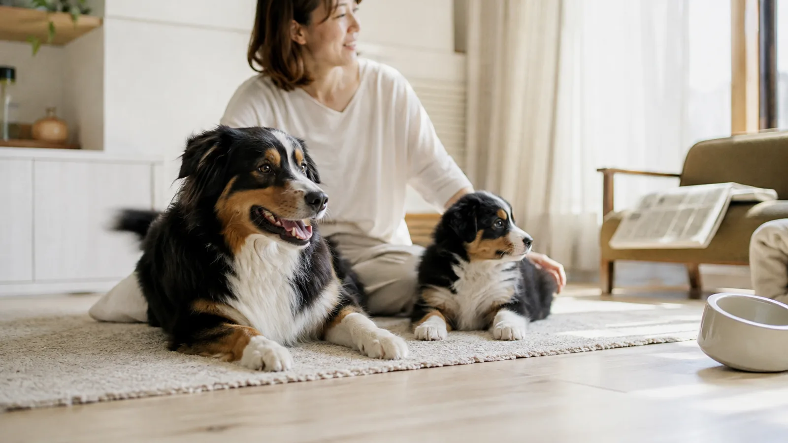 ラグに並んで伏せる同じ黒・白・茶のオーストラリアン・シェパードの成犬と子犬、後ろに座る女性