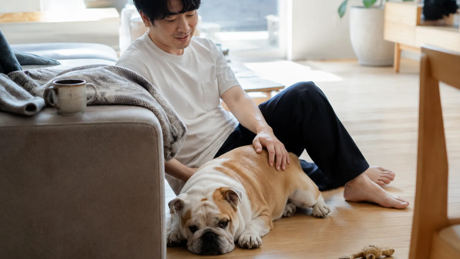 リビングの床で飼い主の足元に伏せる白と茶のイングリッシュ・ブルドッグと、背中に手を置いて座る男性