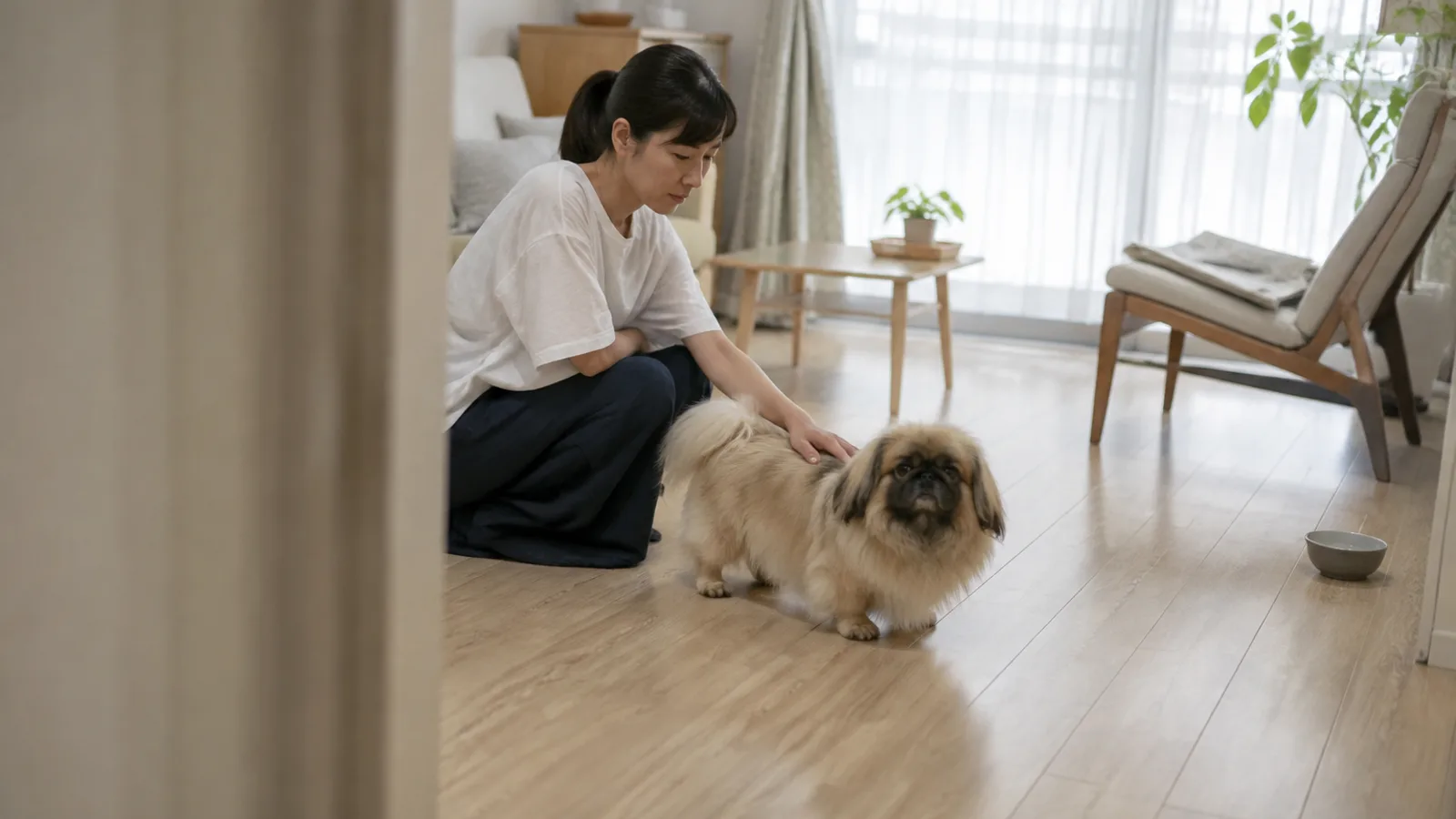リビングの床に四足で立つフォーンのペキニーズと、しゃがんで背中に手を置く女性