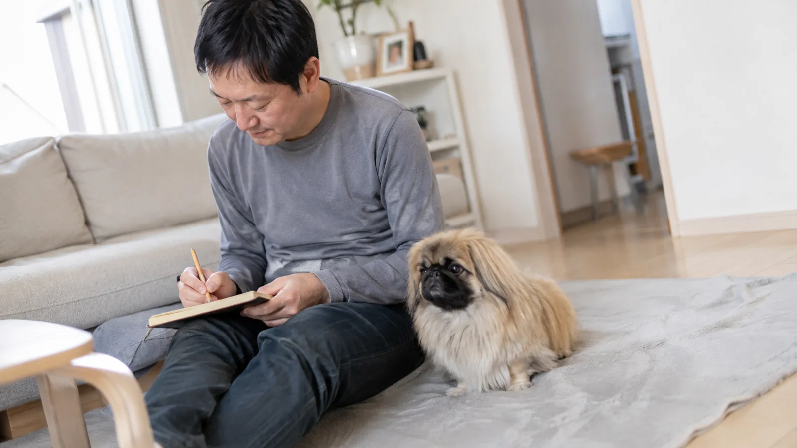 床に座ってひざの無地のノートに鉛筆で書き込む男性と、すぐ横に座るフォーンのペキニーズ