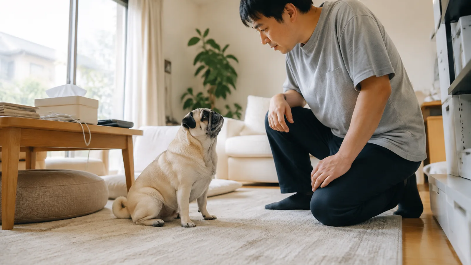 顔を上げて飼い主のほうを見るフォーンのパグと、片膝をついて正面から見る男性