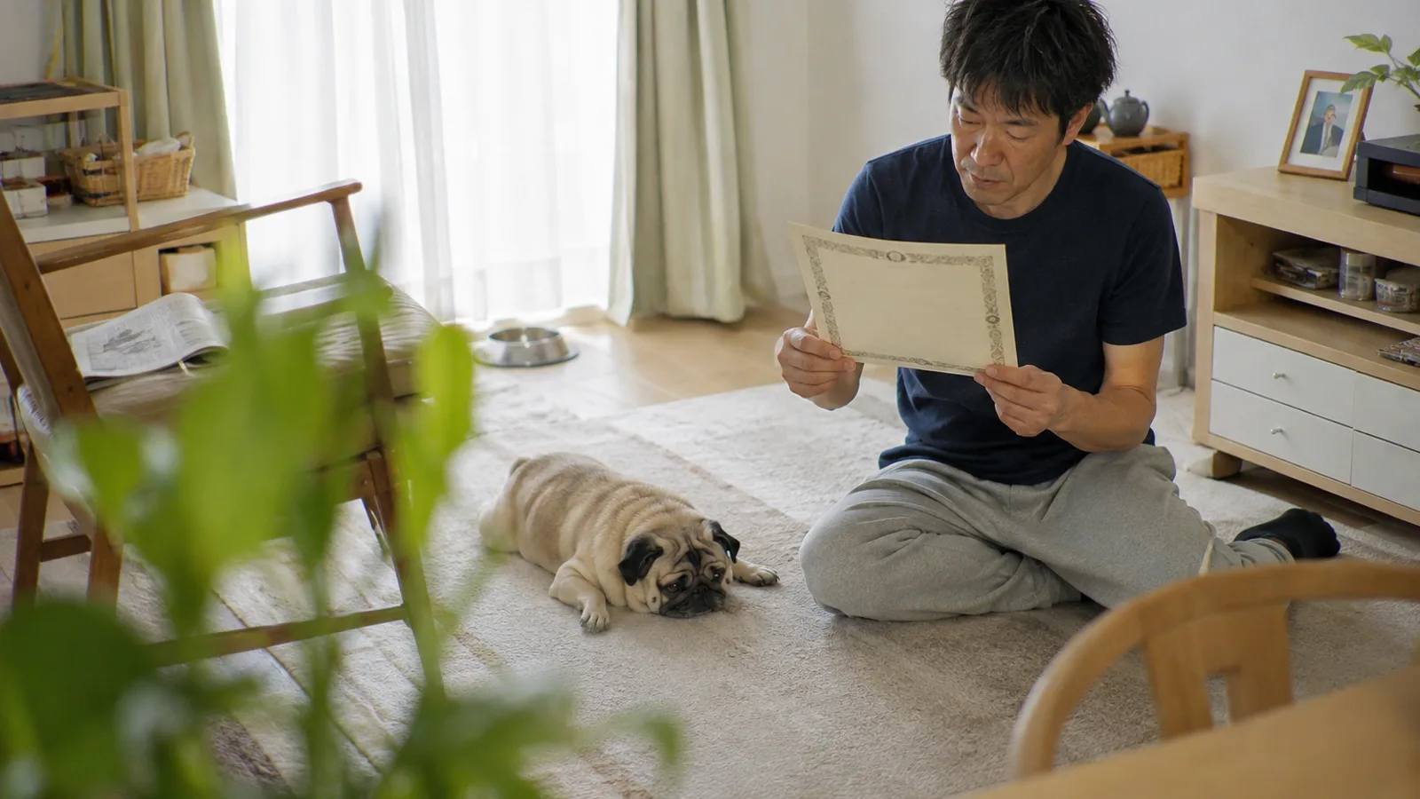 ラグに座って架空の血統書を両手で持って読む男性と、すぐ横で伏せるフォーンのパグ