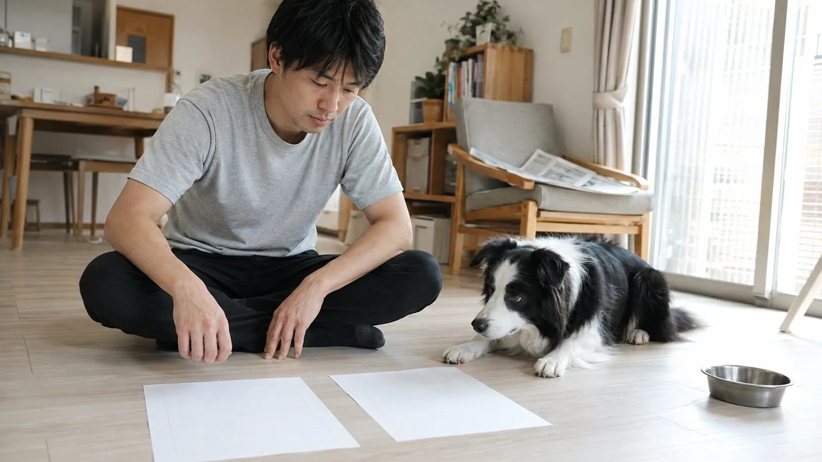 床に並べた2枚の無地の書類を見比べる男性と、すぐ横で伏せる白黒のボーダー・コリー