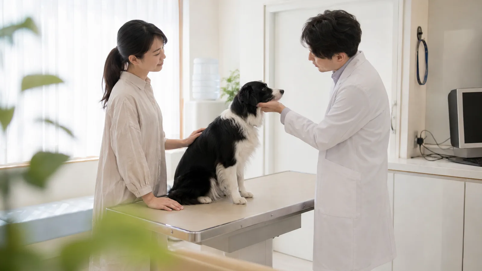 診察台に座るボーダー・コリーの顎をそっと支えて顔を見る獣医師と、犬の背に手を添える女性