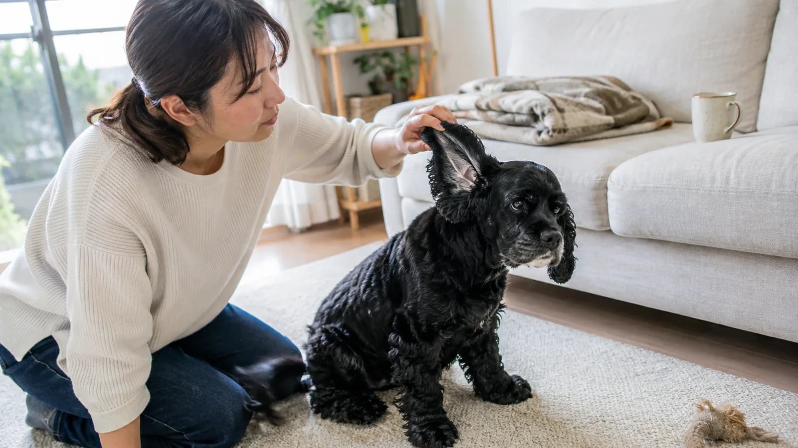 長い垂れ耳をそっとめくって内側の様子を見る女性と、落ち着いて座るブラックのアメリカン・コッカー・スパニエル