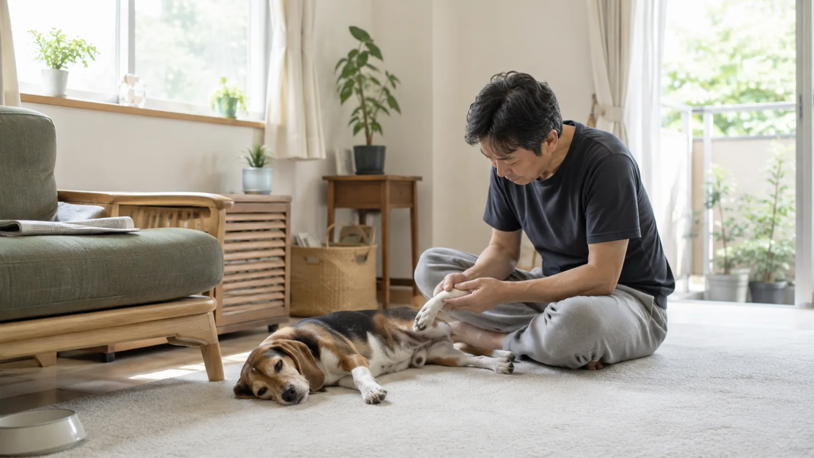 ラグに横向きに伏せるトライカラーのビーグルの足を手のひらにのせ、指のあいだをそっと開いて見る男性