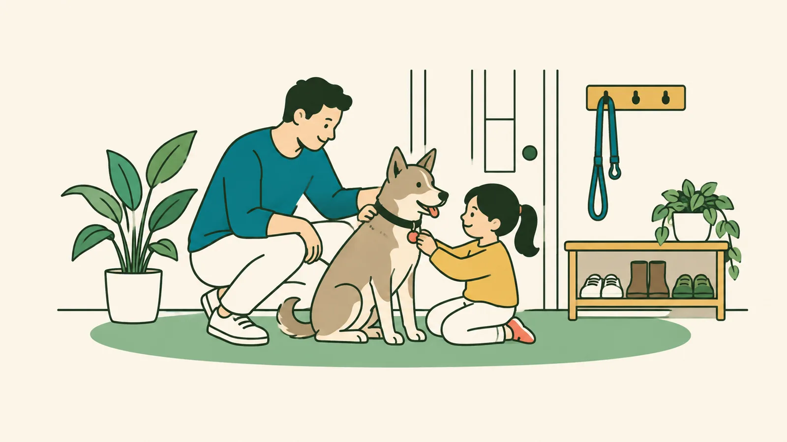 イラスト:明るい玄関で、父親と子どもが散歩から帰った中型の雑種犬を迎え、子どもが首輪の小さな札に触れている