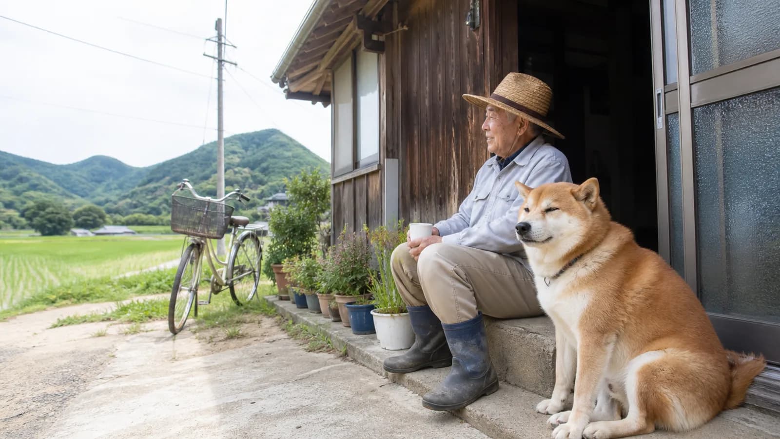 古い農家の玄関先に座る柴犬と、上がり口に腰かけてお茶を飲む作業着の高齢男性。背後に田んぼが広がる