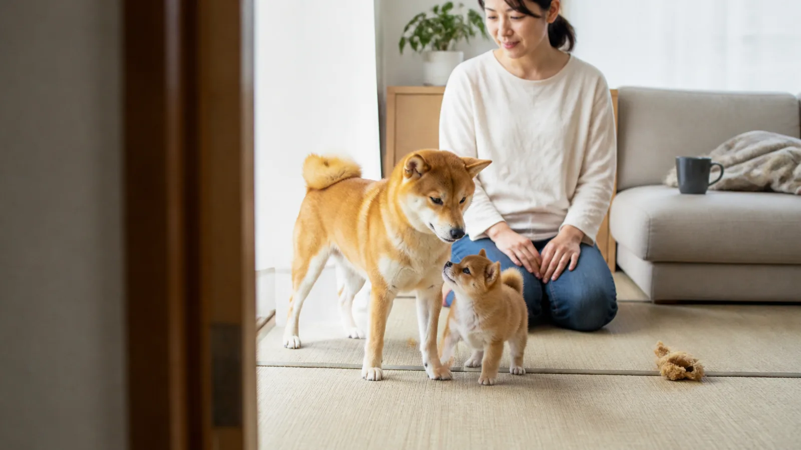 畳の上で成犬の柴犬の横に立つ生後3か月ほどの柴犬の子犬。同じ赤毛で大きさだけが違う