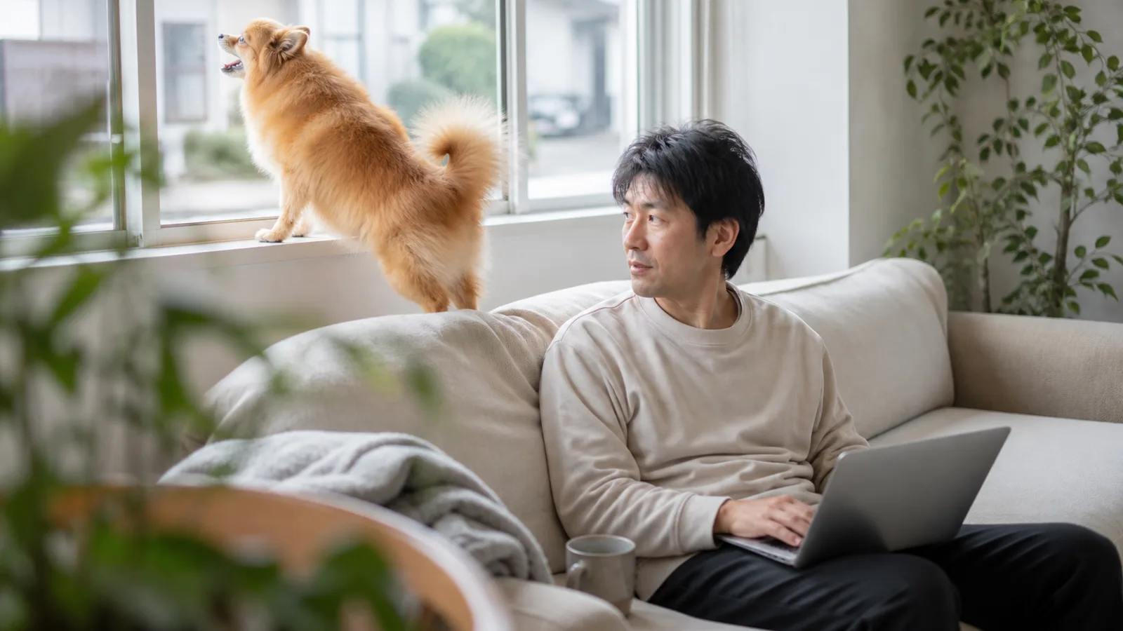 窓辺の窓枠に立って外に向かって吠えるポメラニアンと、ノートパソコンから顔を上げる男性
