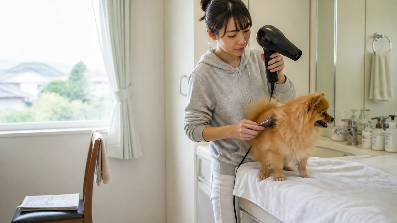 お風呂上がりのポメラニアンをドライヤーとスリッカーブラシで乾かす女性。片側の毛がふわっと立ち上がっている