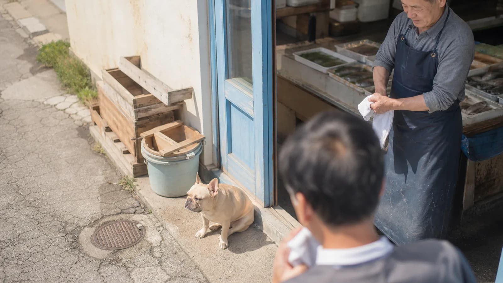 商店街の小さな魚屋の店先に座るフォーンのフレンチブルドッグと、ゴム前掛け姿で戸口に立つ店主