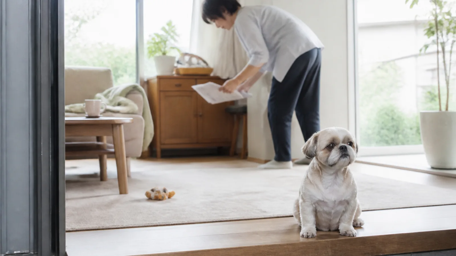 玄関の上がり框に座って待つゴールド&ホワイトのシーズー。平らな顔と短い鼻