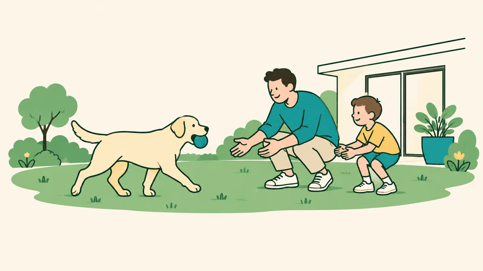 イラスト:明るい庭でボールをくわえて家族のもとへ歩く大型犬